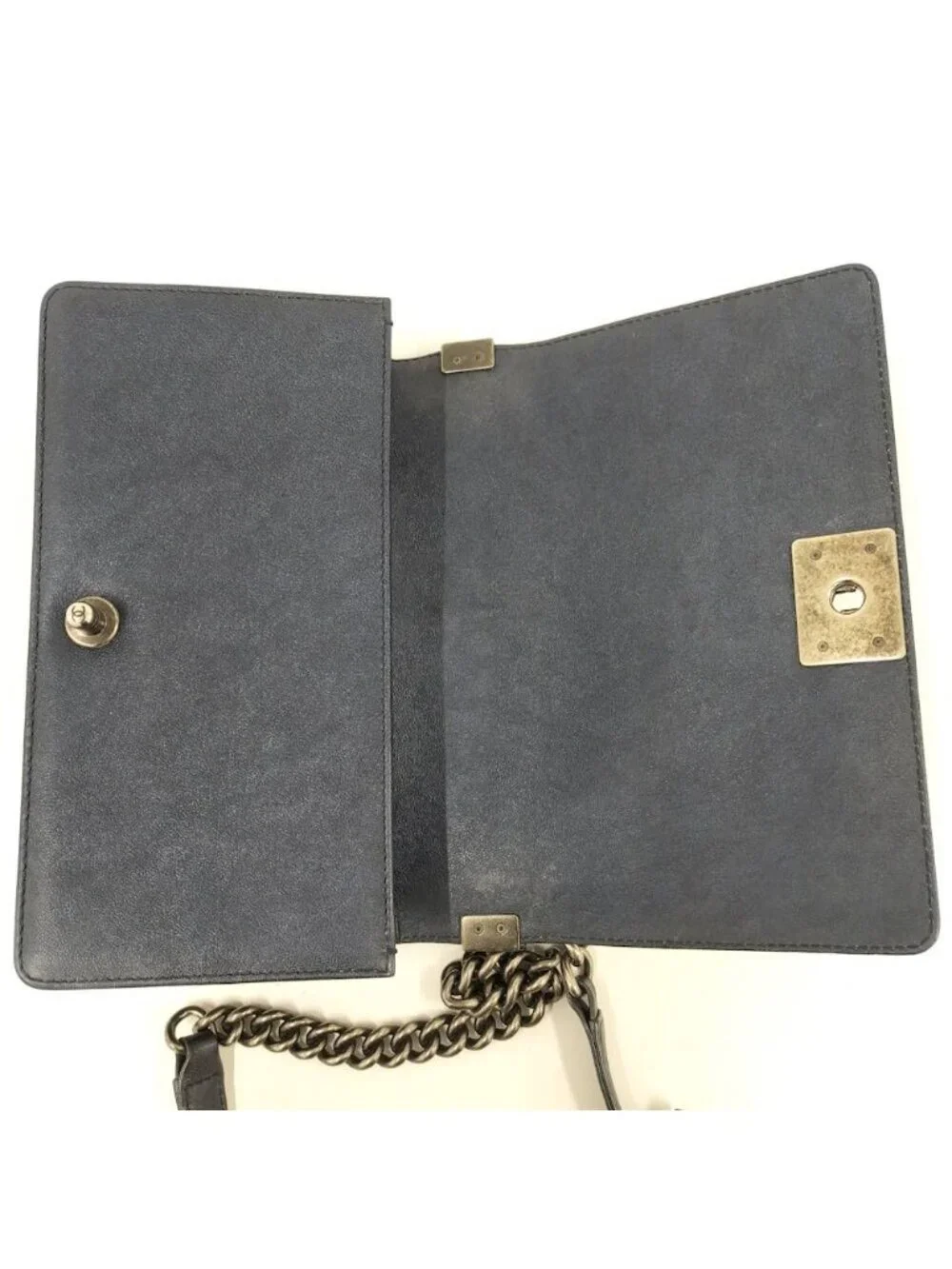 Chanel Boy Chain Shoulder Bag Leather Navy